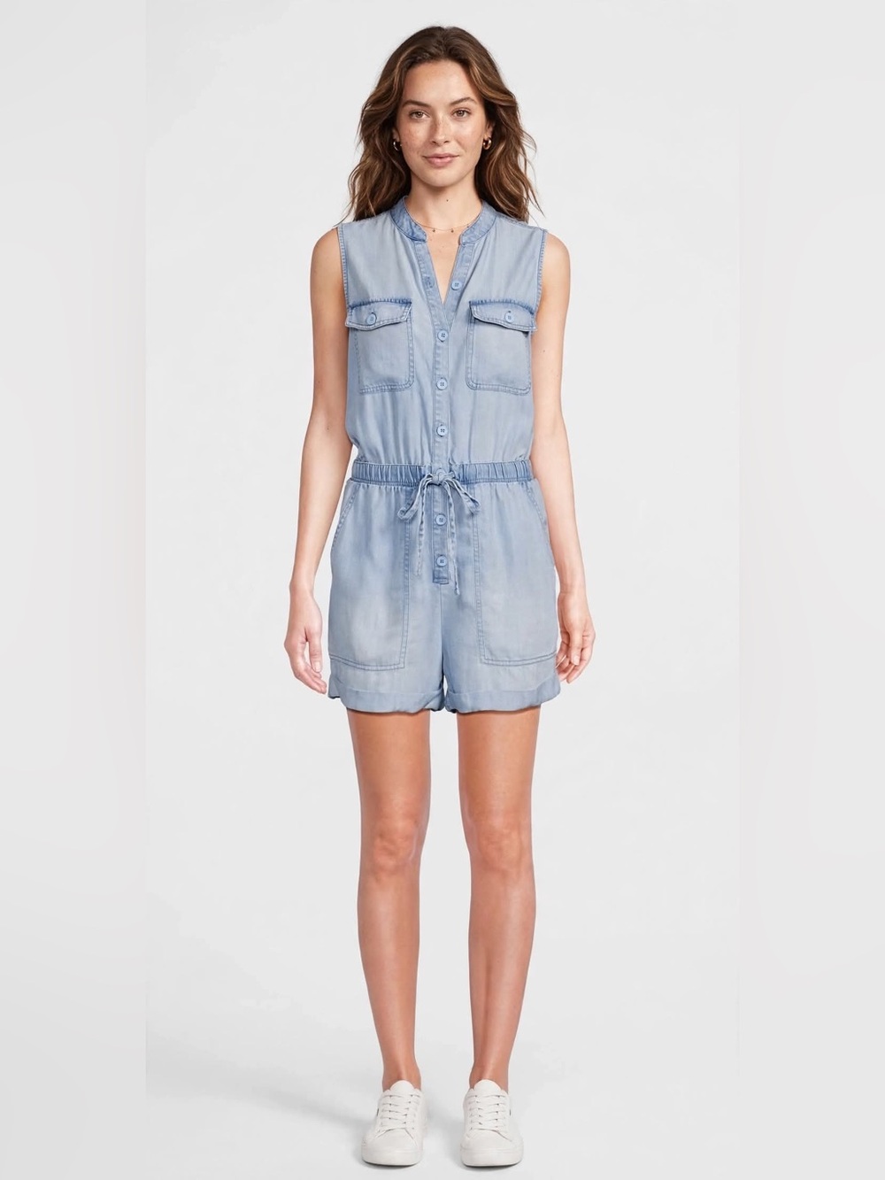 Mossimo Supply Co Chambray Utility Romper Light blue sleeveless button front